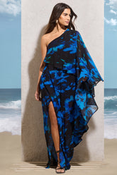 Navy Floral Print Chiffon Oversized Asymmetric Maxi Dress